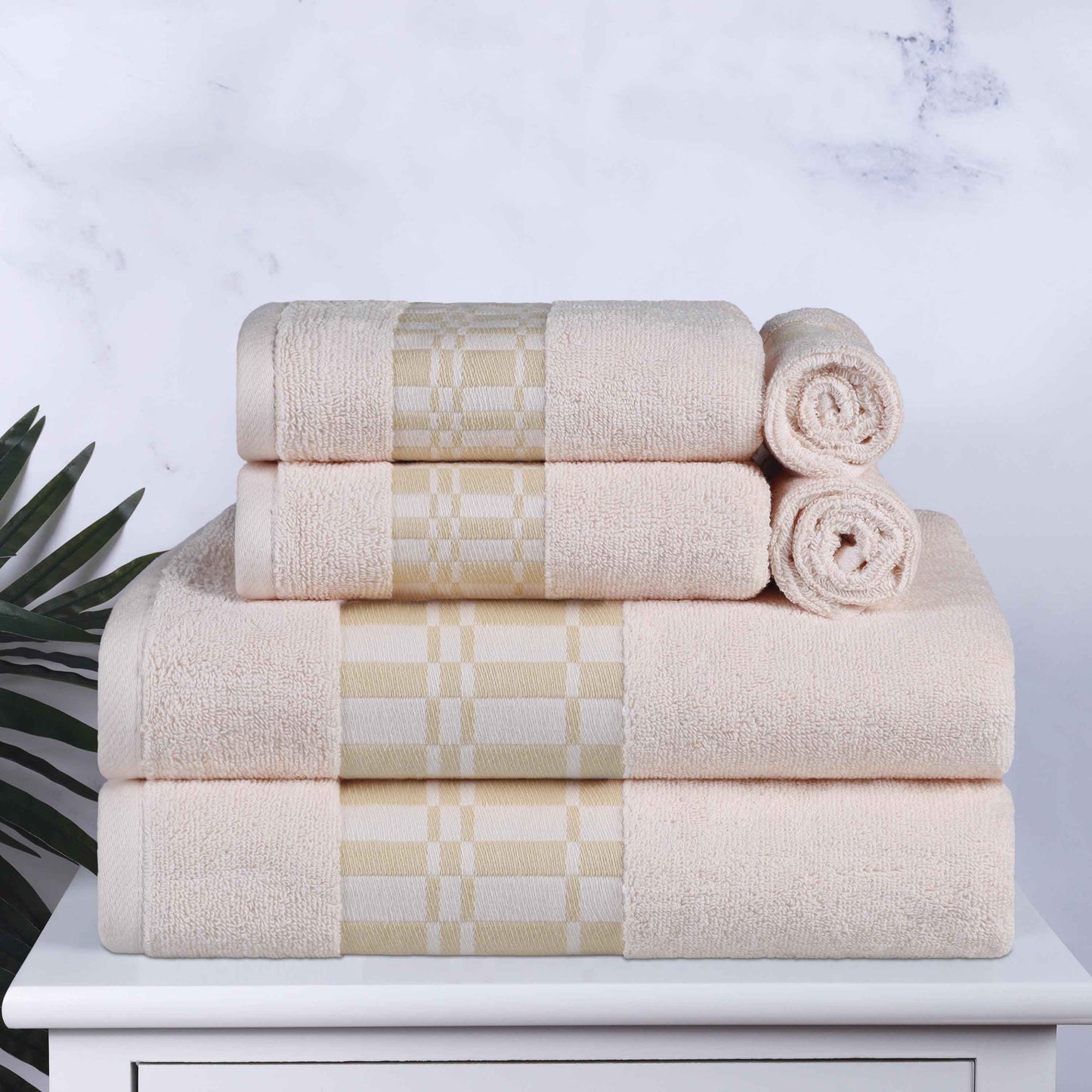 Larissa Cotton Geometric Border 6 Piece Assorted Towel Set - Ivory