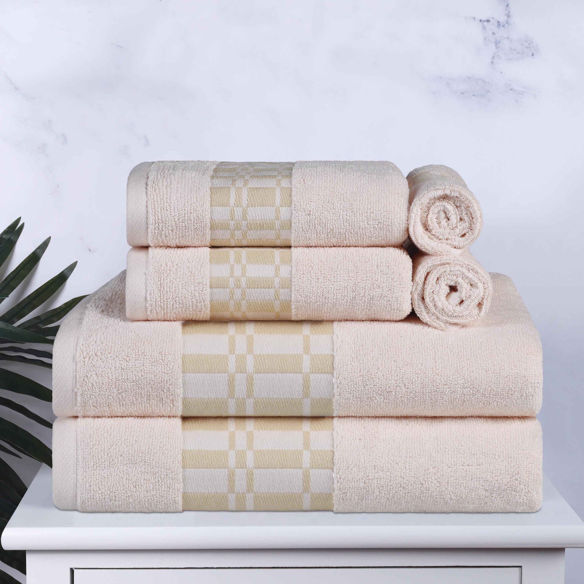 Larissa Cotton Geometric Border 6 Piece Assorted Towel Set - Ivory