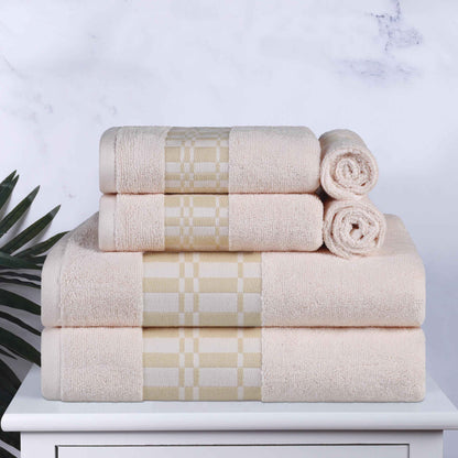 Larissa Cotton Geometric Border 6 Piece Assorted Towel Set - Ivory