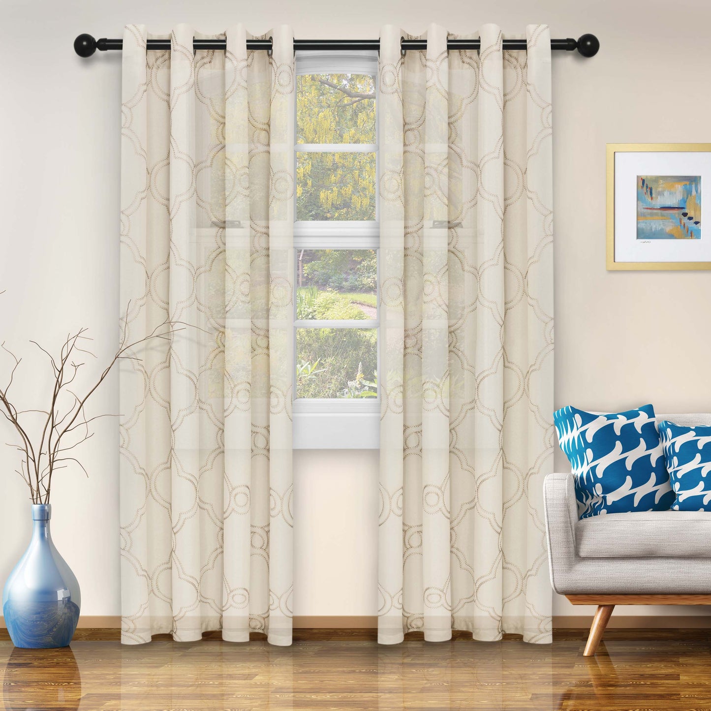 Embroidered Moroccan Sheer Grommet Curtain Panel Set - Ivory