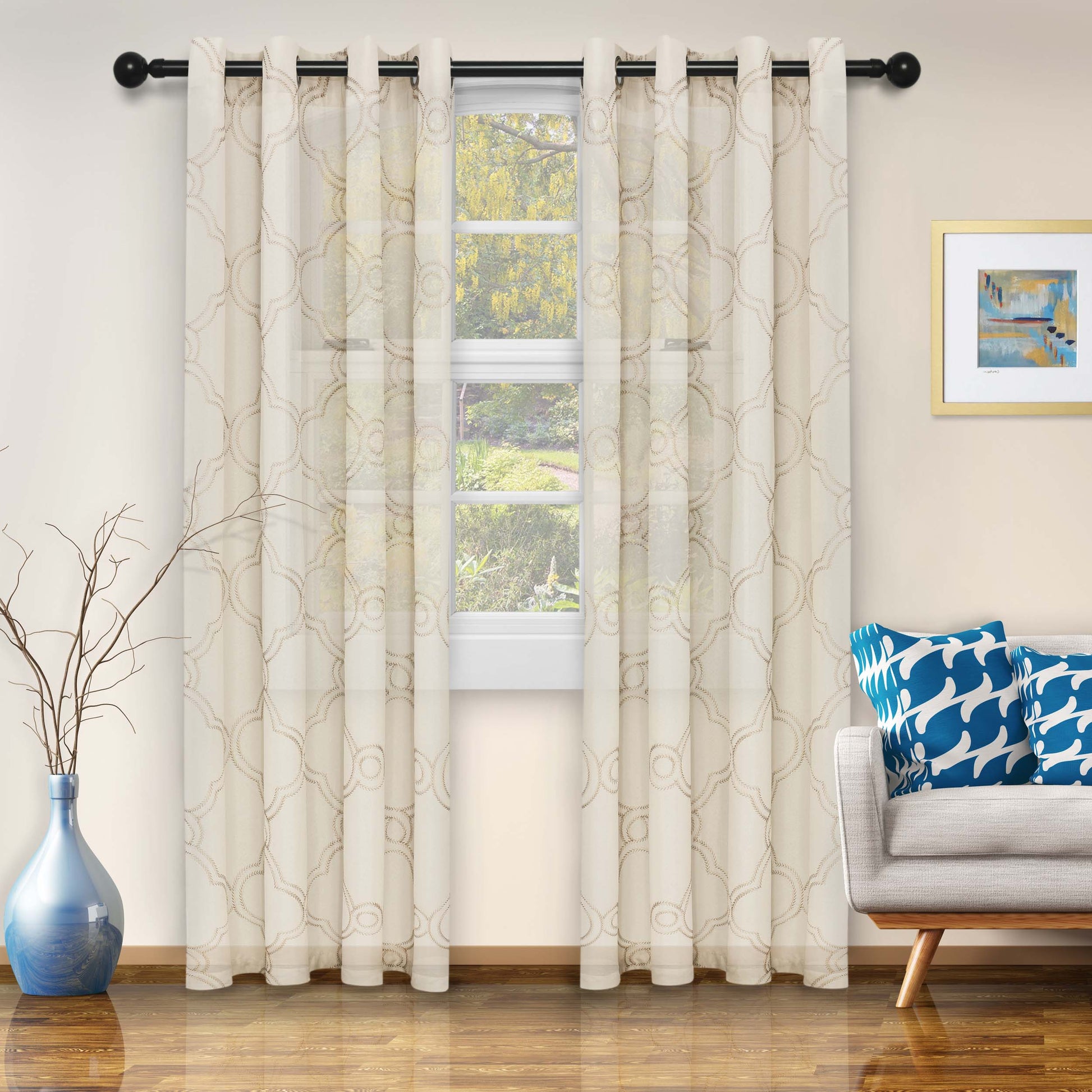 Embroidered Moroccan Sheer Grommet Curtain Panel Set - Ivory