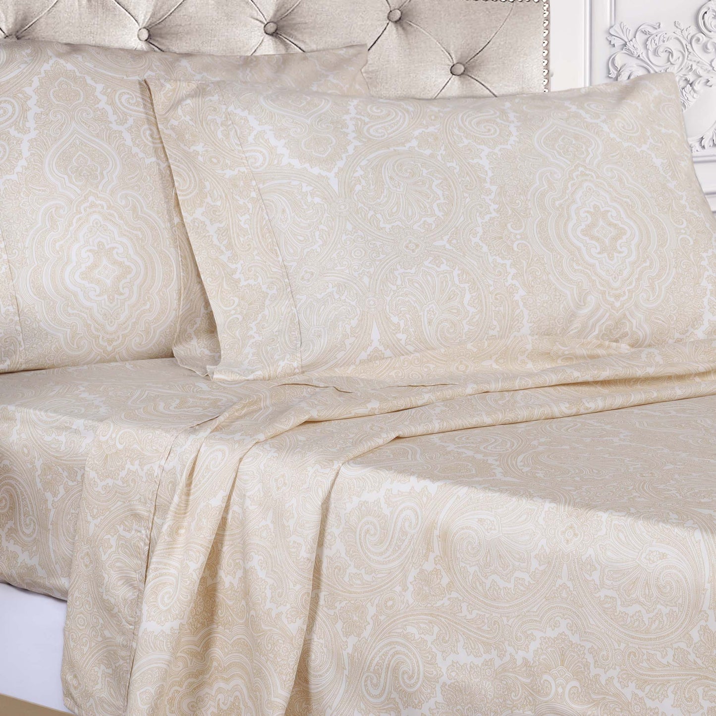 Italian Paisley 600 Thread Count Cotton Blend Deep Pocket Sheet Set - Ivory