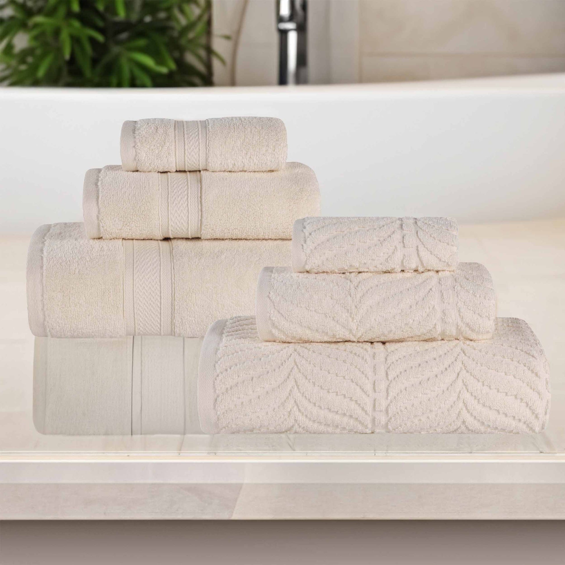 Chevron Zero Twist Solid and Jacquard Soft Cotton 6 Piece Towel Set - Ivory