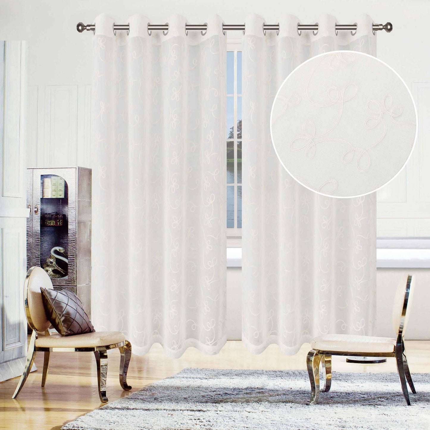 Sheer Traditional Embroidered Scroll Grommet Curtain Panel Set of 2 - Ivory