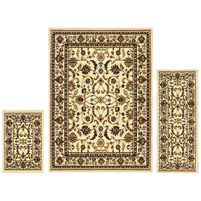 Barringer Floral Damask Traditional 3-Piece Area Rug Set - Ivory