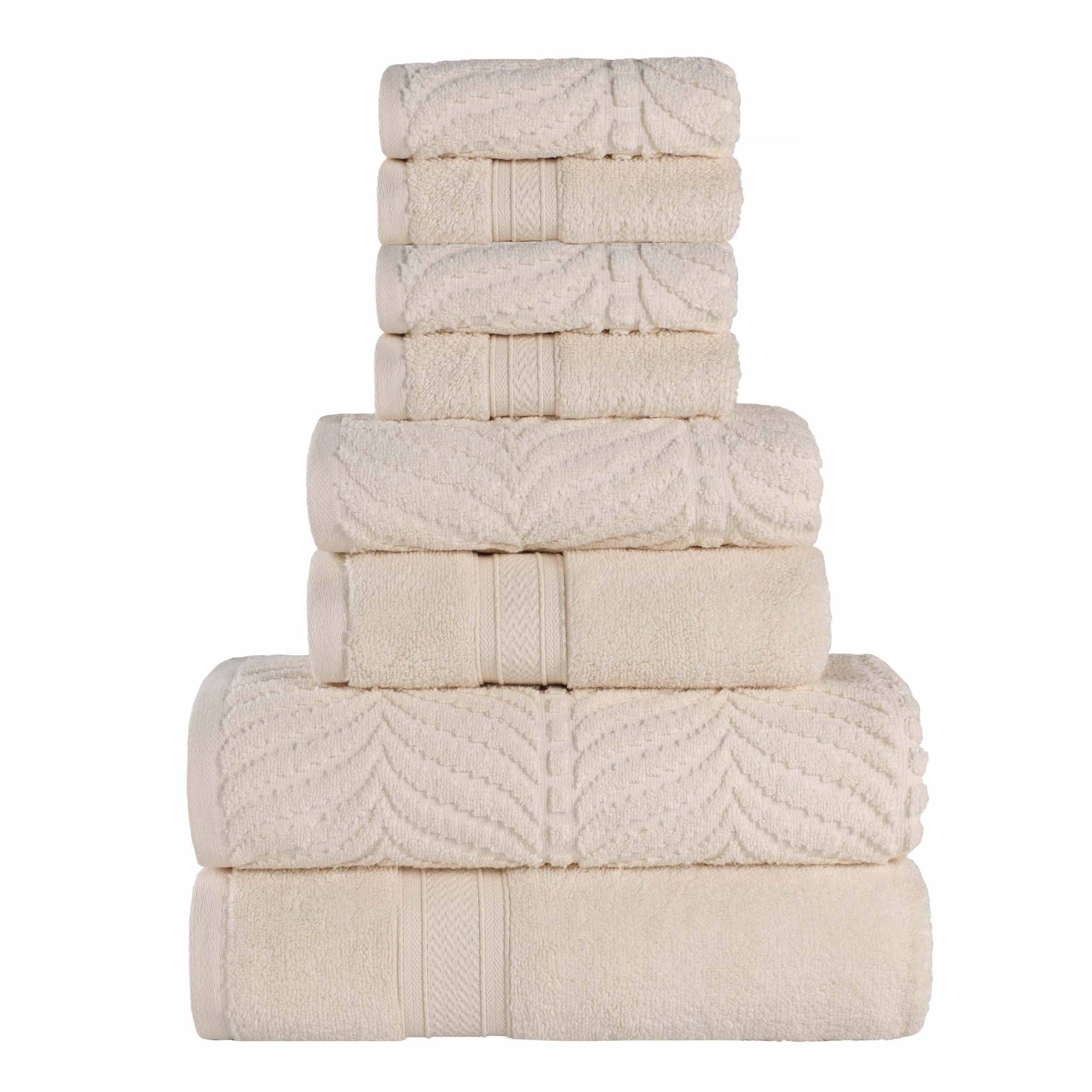 Chevron Zero Twist Solid and Jacquard Cotton 8 Piece Towel Set - Ivory