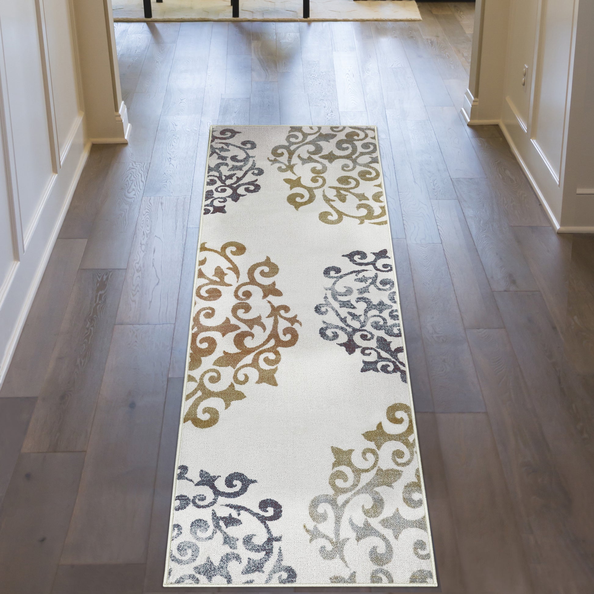 Amber Floral Scroll Medallion Non-Slip Washable Indoor Area Rug or Runner - Ivory