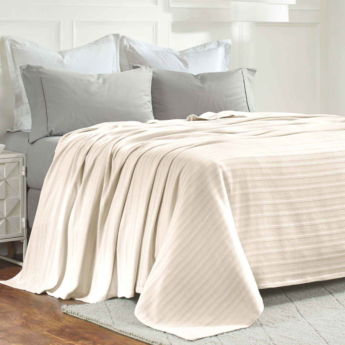 Clara Cotton Textured Jacquard Striped Lightweight Woven Blanket - Ivory