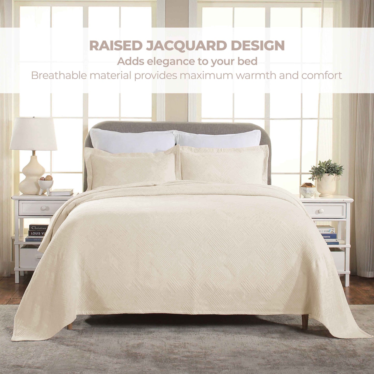 Cotton Jacquard Matelassé Scalloped Geometric Fret Bedspread Set - Ivory