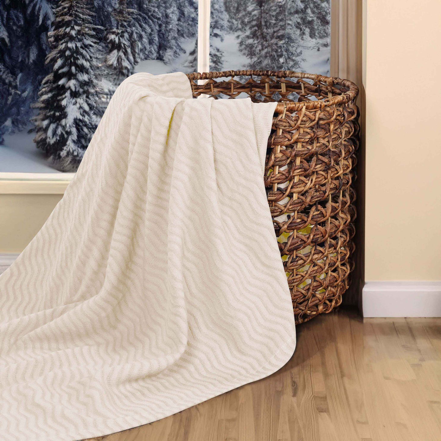 Jena Cotton Textured Chevron Lightweight Woven Blanket - Ivory