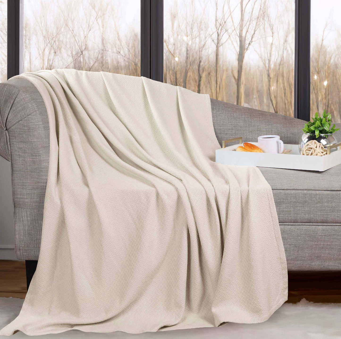 Nobel Cotton Textured Jacquard Chevron Lightweight Woven Blanket - Ivory