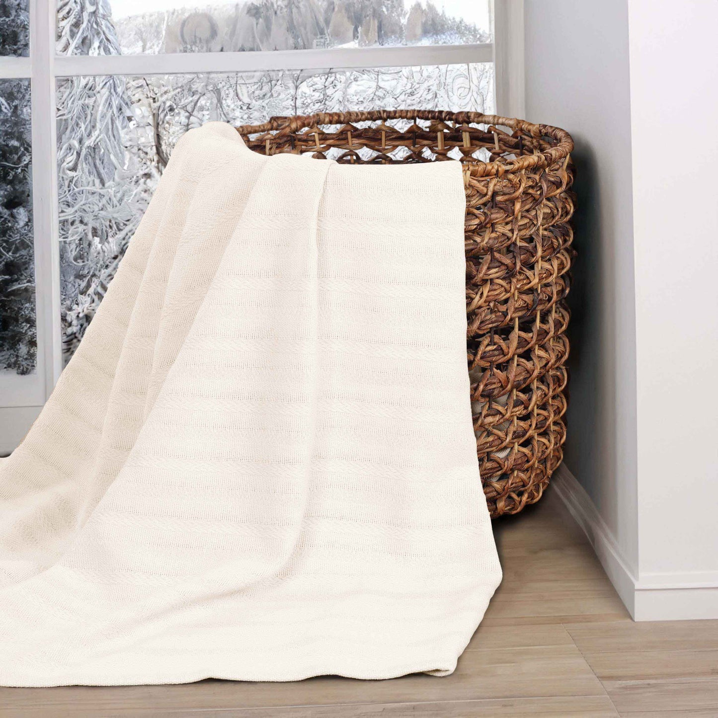 Clara Cotton Textured Jacquard Striped Lightweight Woven Blanket - Ivory