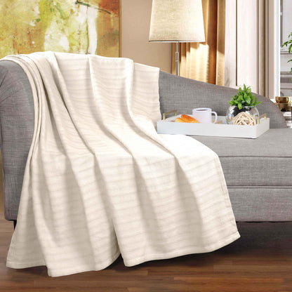 Clara Cotton Textured Jacquard Striped Lightweight Woven Blanket - Ivory