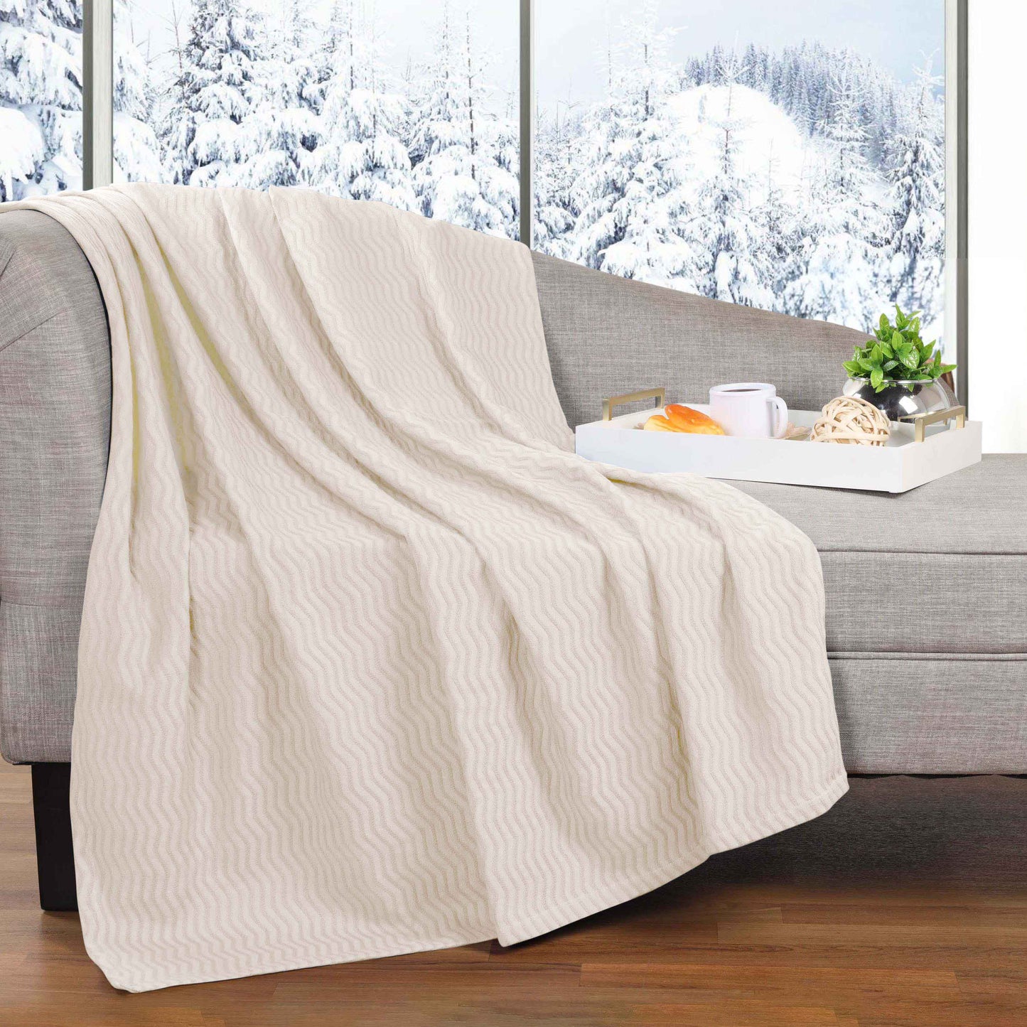 Jena Cotton Textured Chevron Lightweight Woven Blanket - Ivory