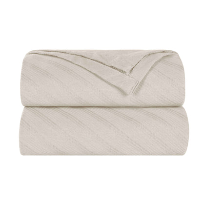 Milan Cotton Textured Jacquard Striped Lightweight Woven Blanket - Ivory