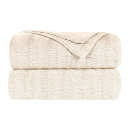 Clara Cotton Textured Jacquard Striped Lightweight Woven Blanket - Ivory