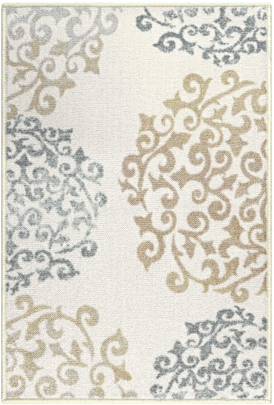 Amber Floral Scroll Medallion Non-Slip Washable Indoor Area Rug or Runner - Ivory