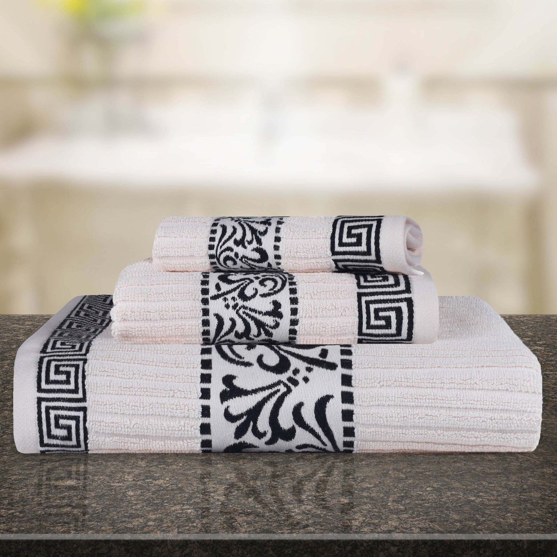 Athens Cotton Medium Weight Floral Greek Key Trim 3 Piece Towel Set - Ivory-Black