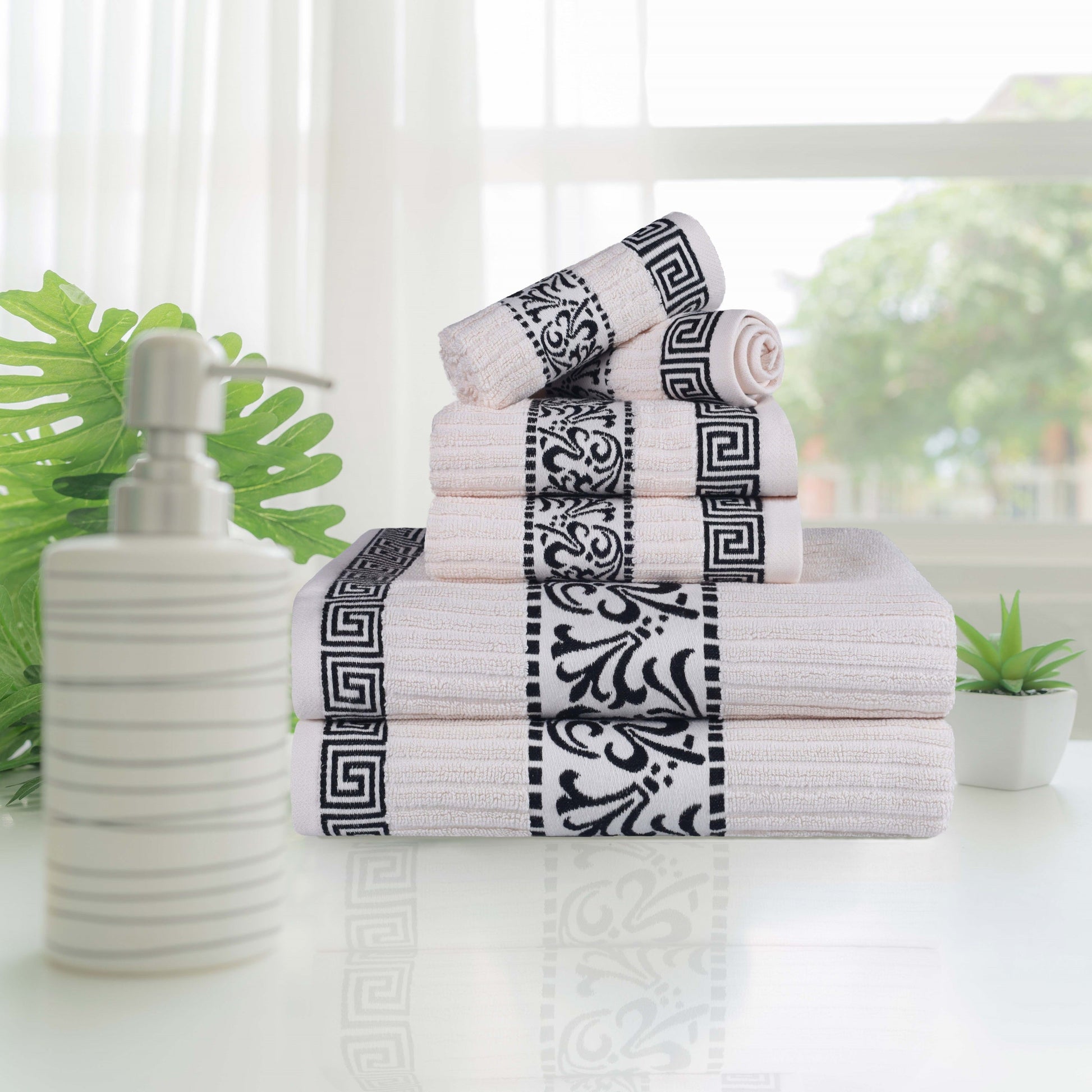 Athens Cotton Medium Weight Floral Greek Key Trim 6 Piece Towel Set - Ivory-Black
