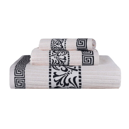 Athens Cotton Medium Weight Floral Greek Key Trim 3 Piece Towel Set - Ivory-Black