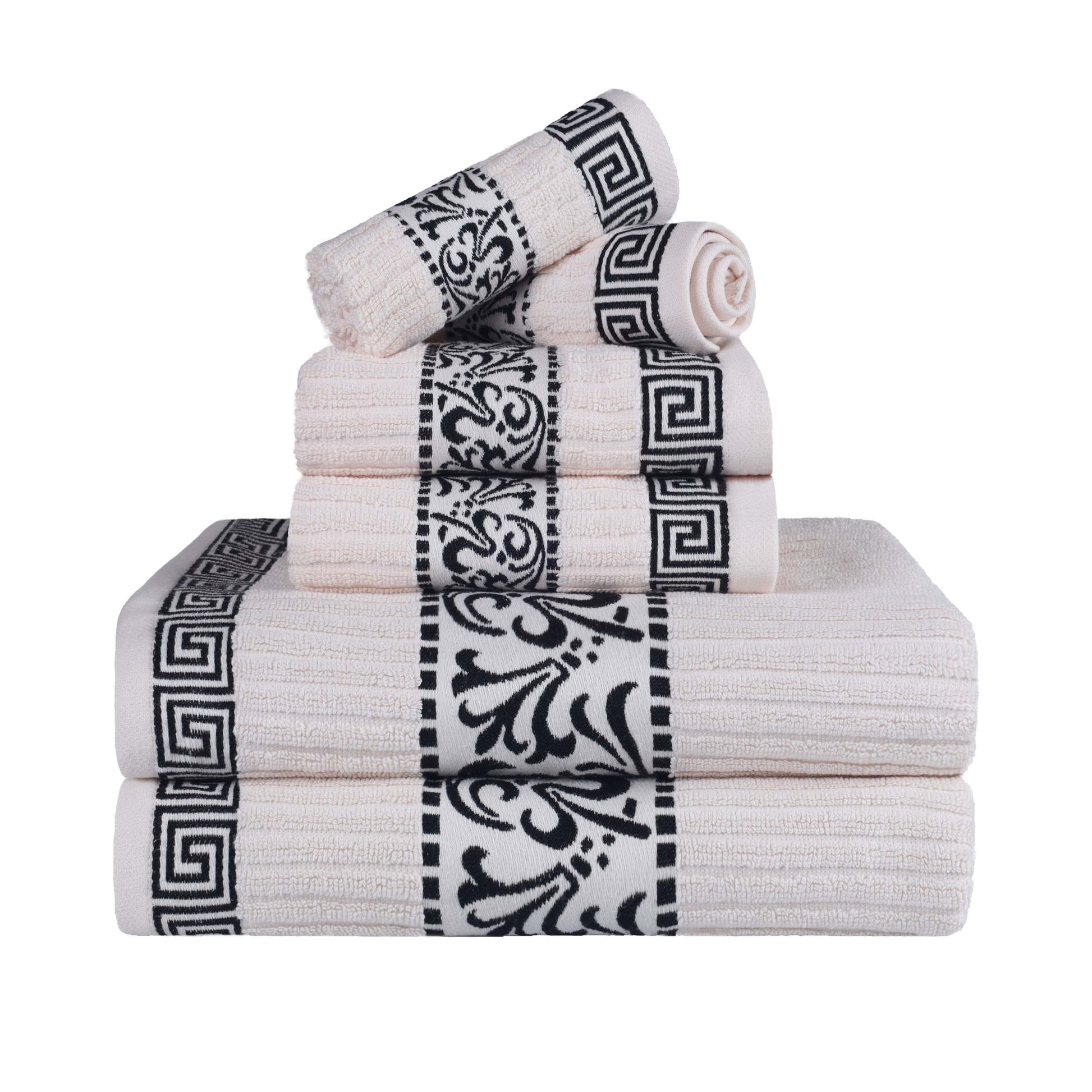 Athens Cotton Medium Weight Floral Greek Key Trim 6 Piece Towel Set - Ivory-Black