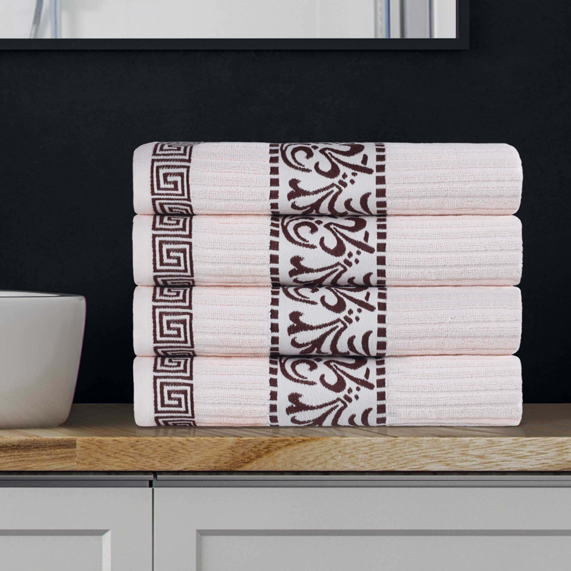 Athens Cotton Greek Key Trim Bath Towel Set of 4 - Ivory-Chocolate
