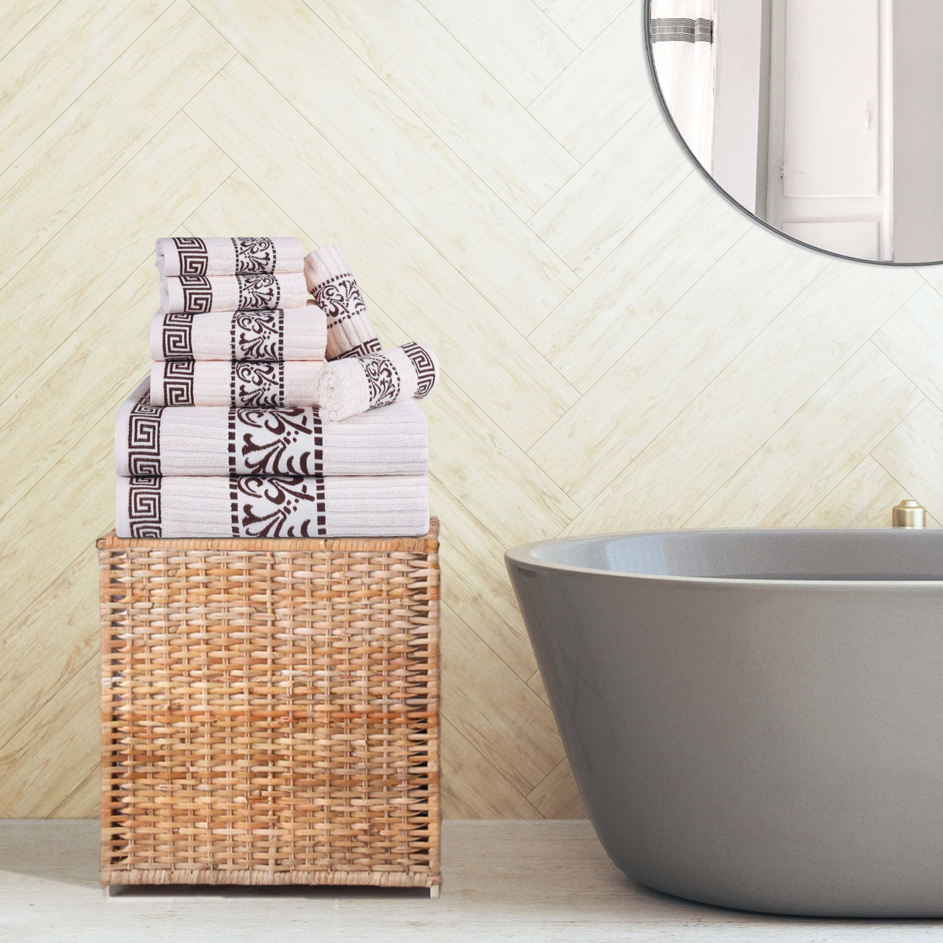 Superior Athens Cotton Greek Key Trim 8 Piece Towel Set - Ivory-Chocolate