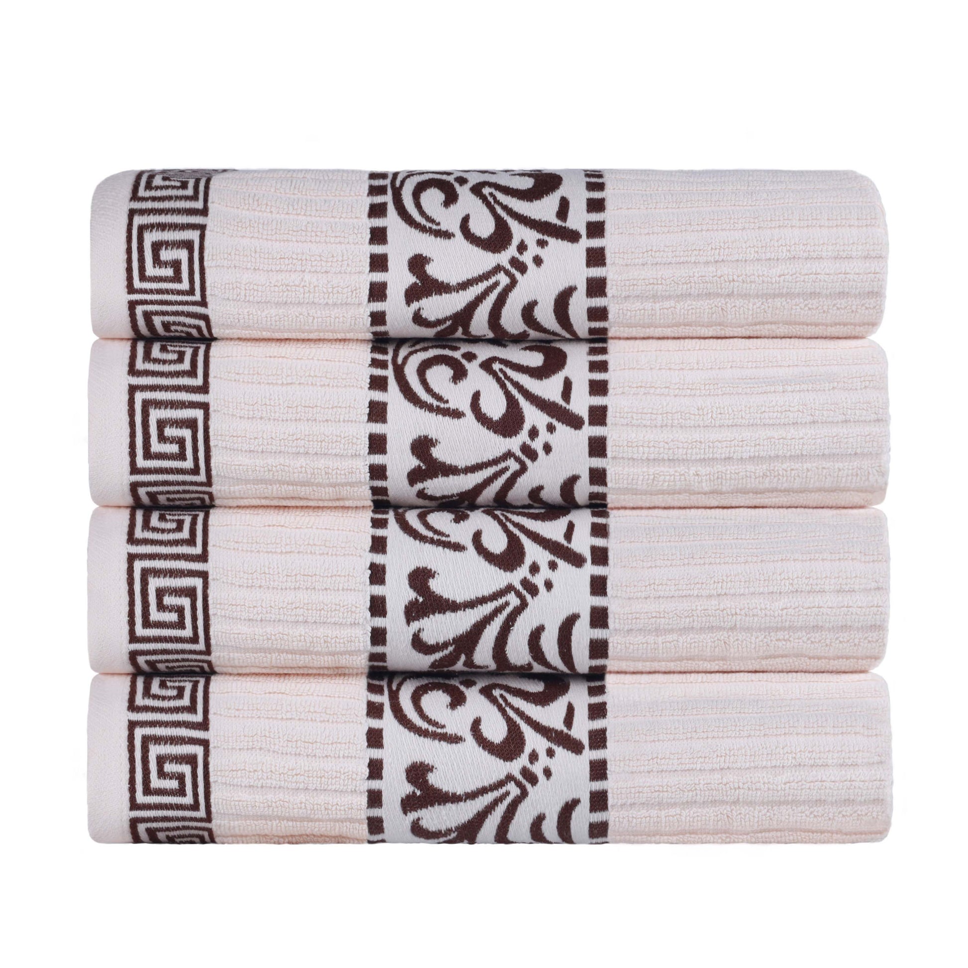 Athens Cotton Greek Key Trim Bath Towel Set of 4 - Ivory-Chocolate