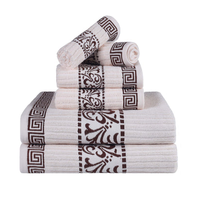 Athens Cotton Medium Weight Floral Greek Key Trim 6 Piece Towel Set - Ivory-Chocolate