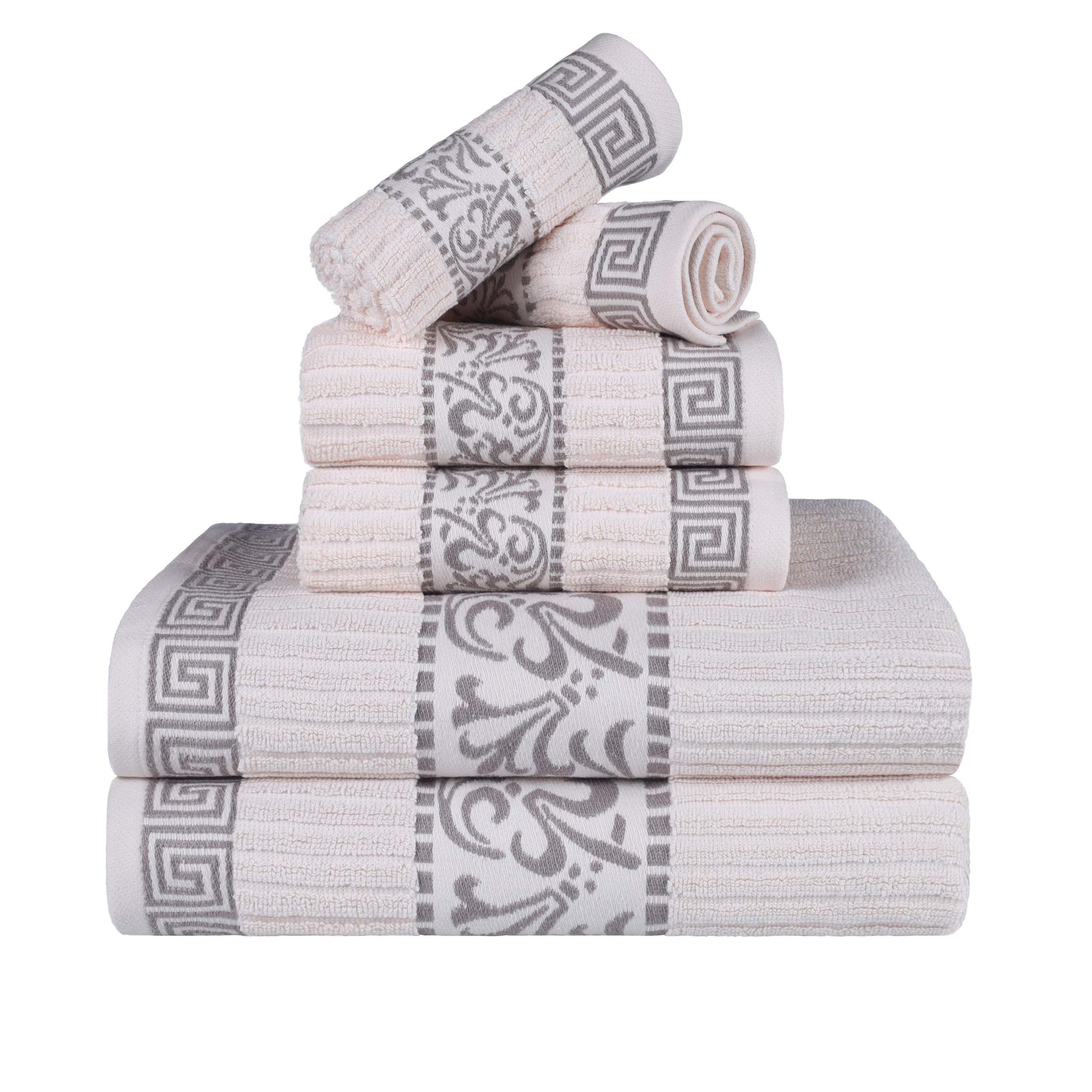 Athens Cotton Medium Weight Floral Greek Key Trim 6 Piece Towel Set - Ivory-Chrome
