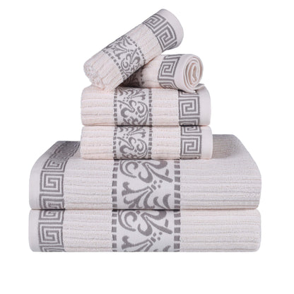 Athens Cotton Medium Weight Floral Greek Key Trim 6 Piece Towel Set - Ivory-Chrome