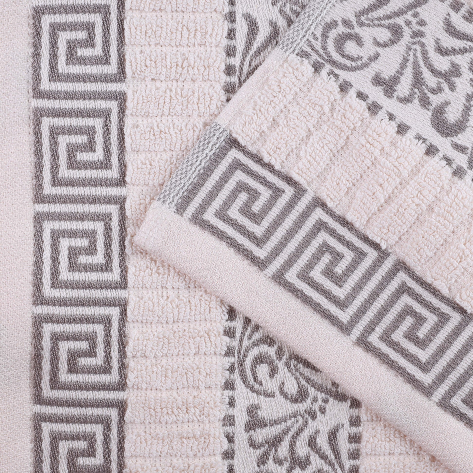 Athens Cotton Medium Weight Floral Greek Key Trim 6 Piece Towel Set - Ivory-Chrome