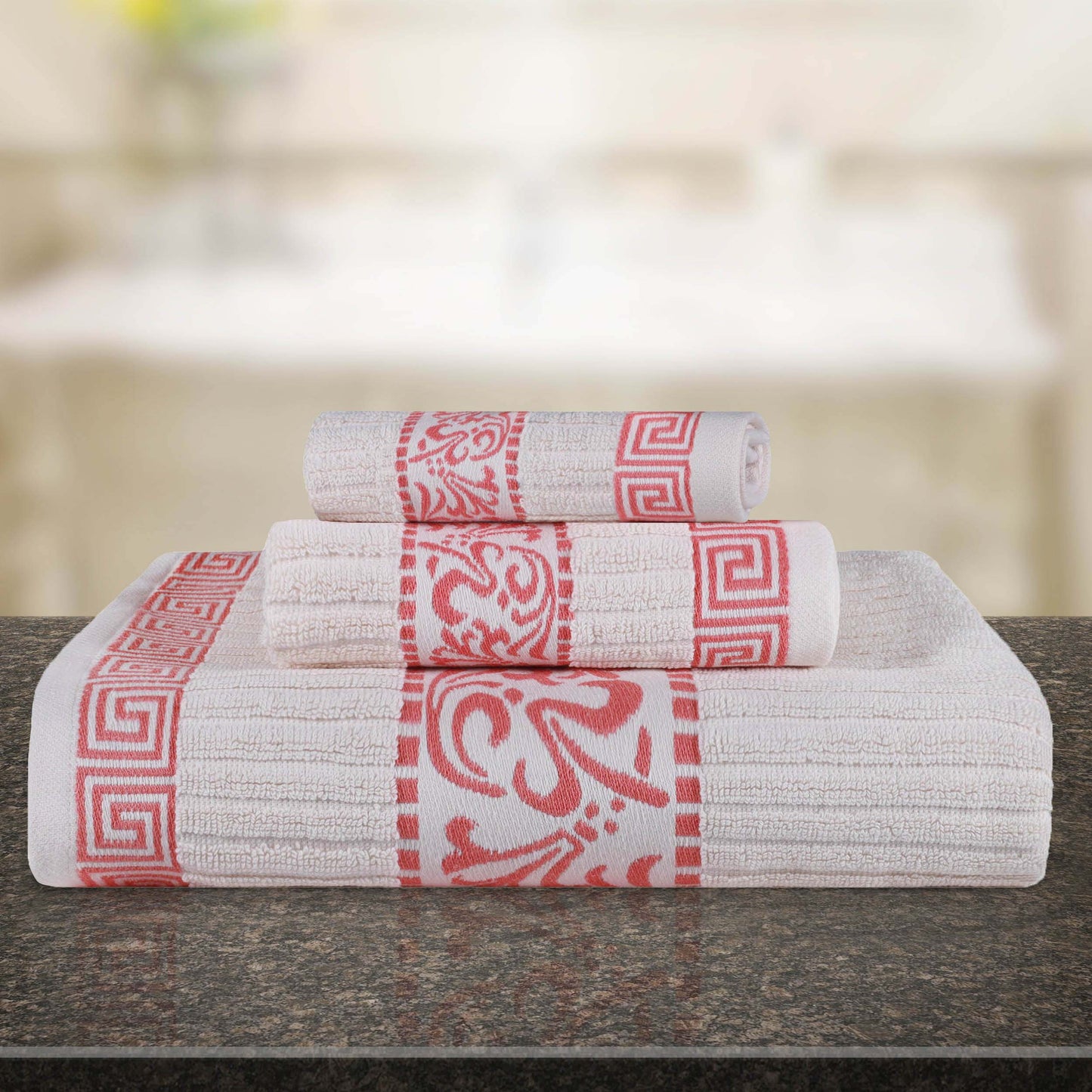 Athens Cotton Medium Weight Floral Greek Key Trim 3 Piece Towel Set - Ivory-Coral