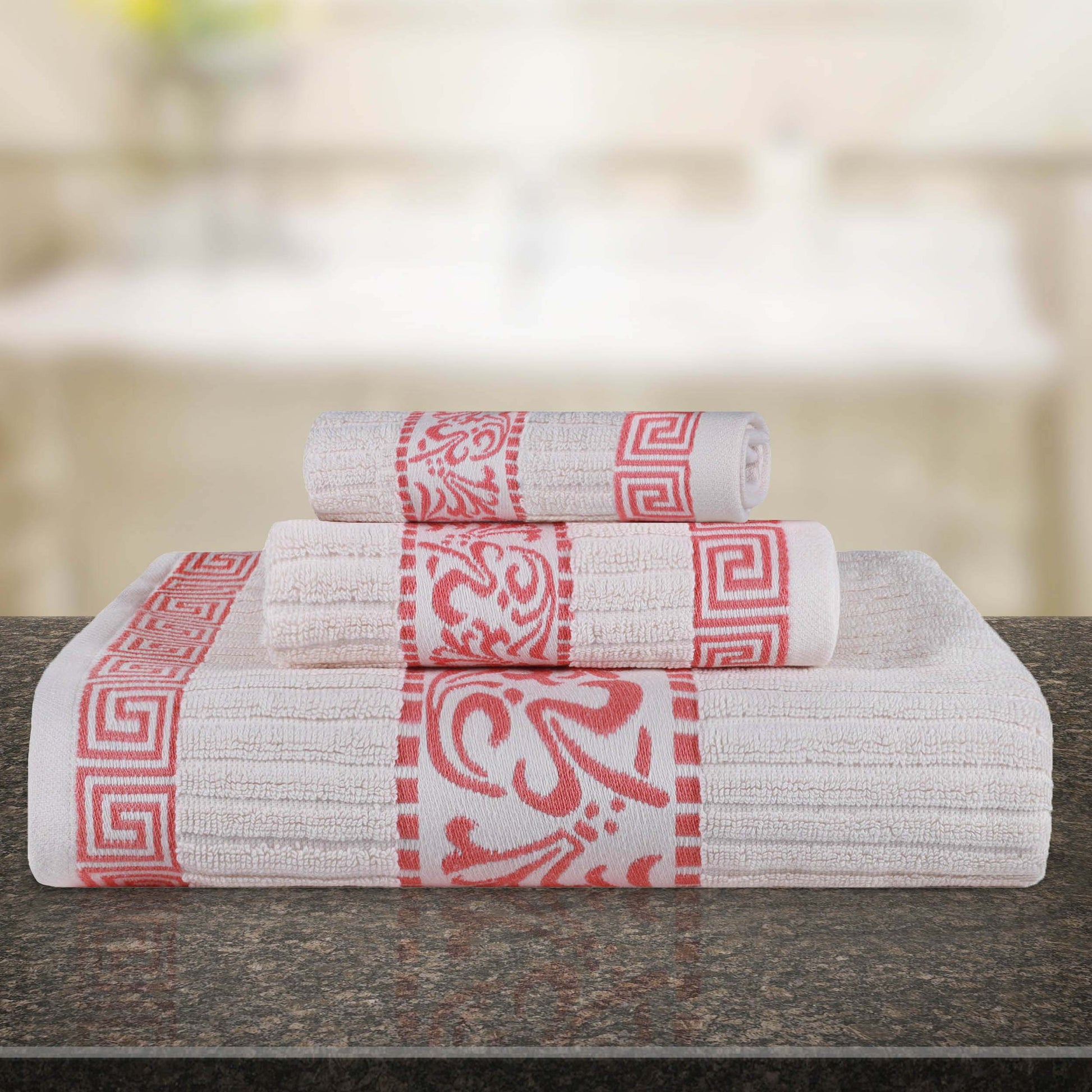 Athens Cotton Medium Weight Floral Greek Key Trim 3 Piece Towel Set - Ivory-Coral