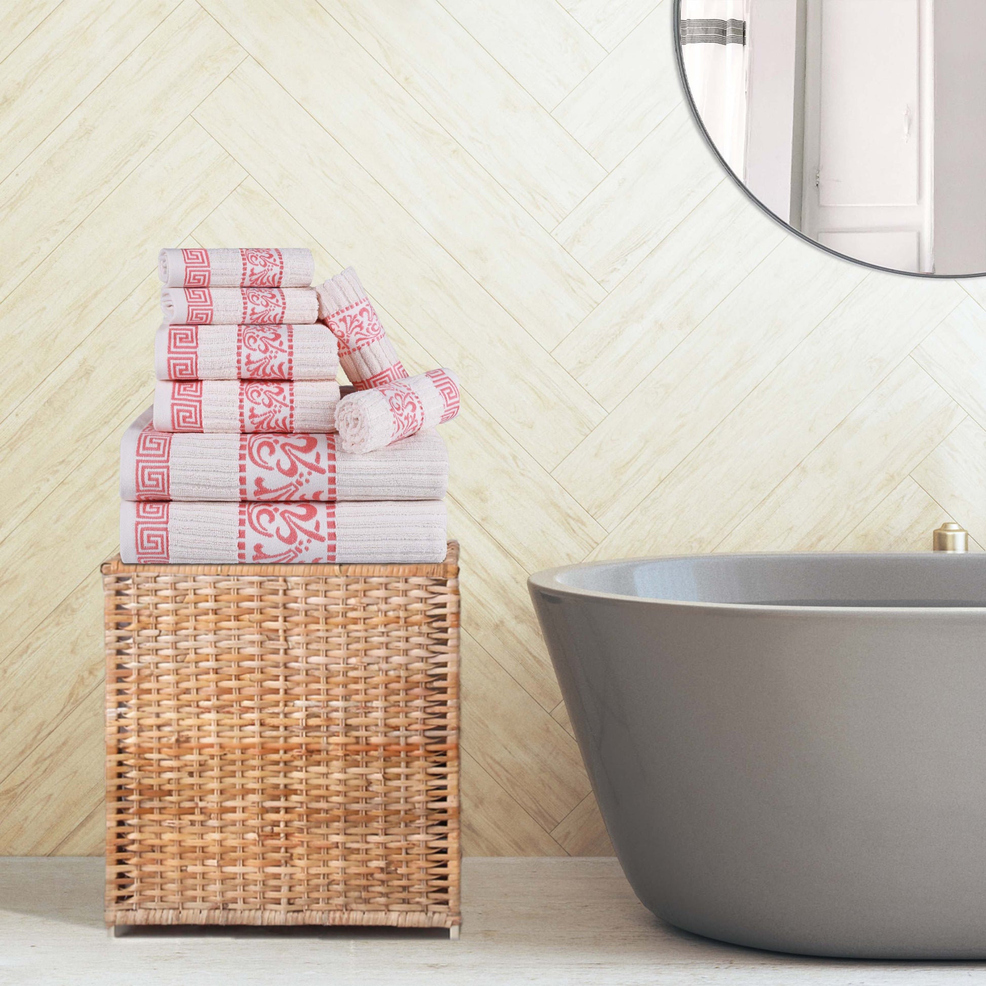 Superior Athens Cotton Greek Key Trim 8 Piece Towel Set - Ivory-Coral