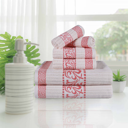 Athens Cotton Medium Weight Floral Greek Key Trim 6 Piece Towel Set - Ivory-Coral