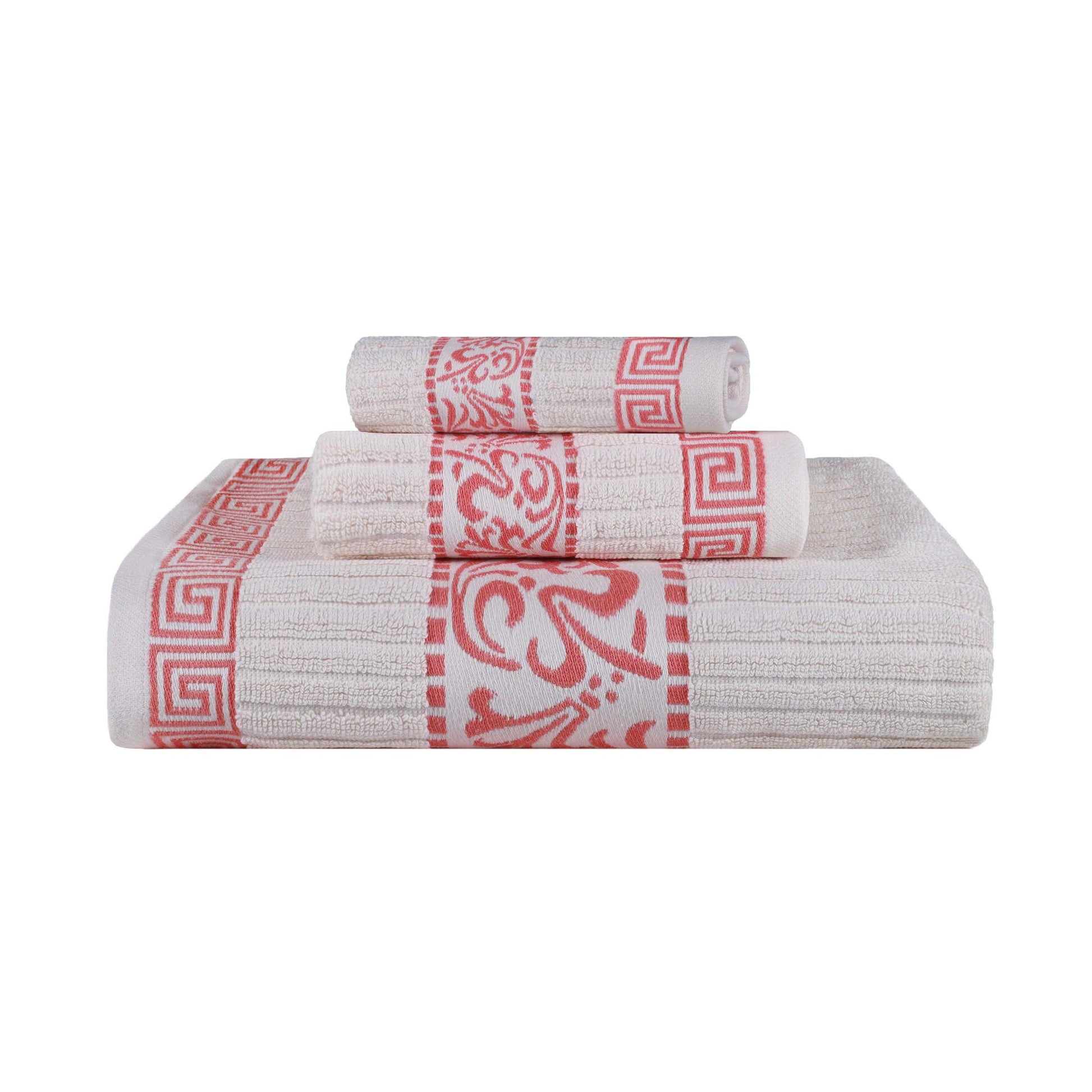 Athens Cotton Medium Weight Floral Greek Key Trim 3 Piece Towel Set - Ivory-Coral