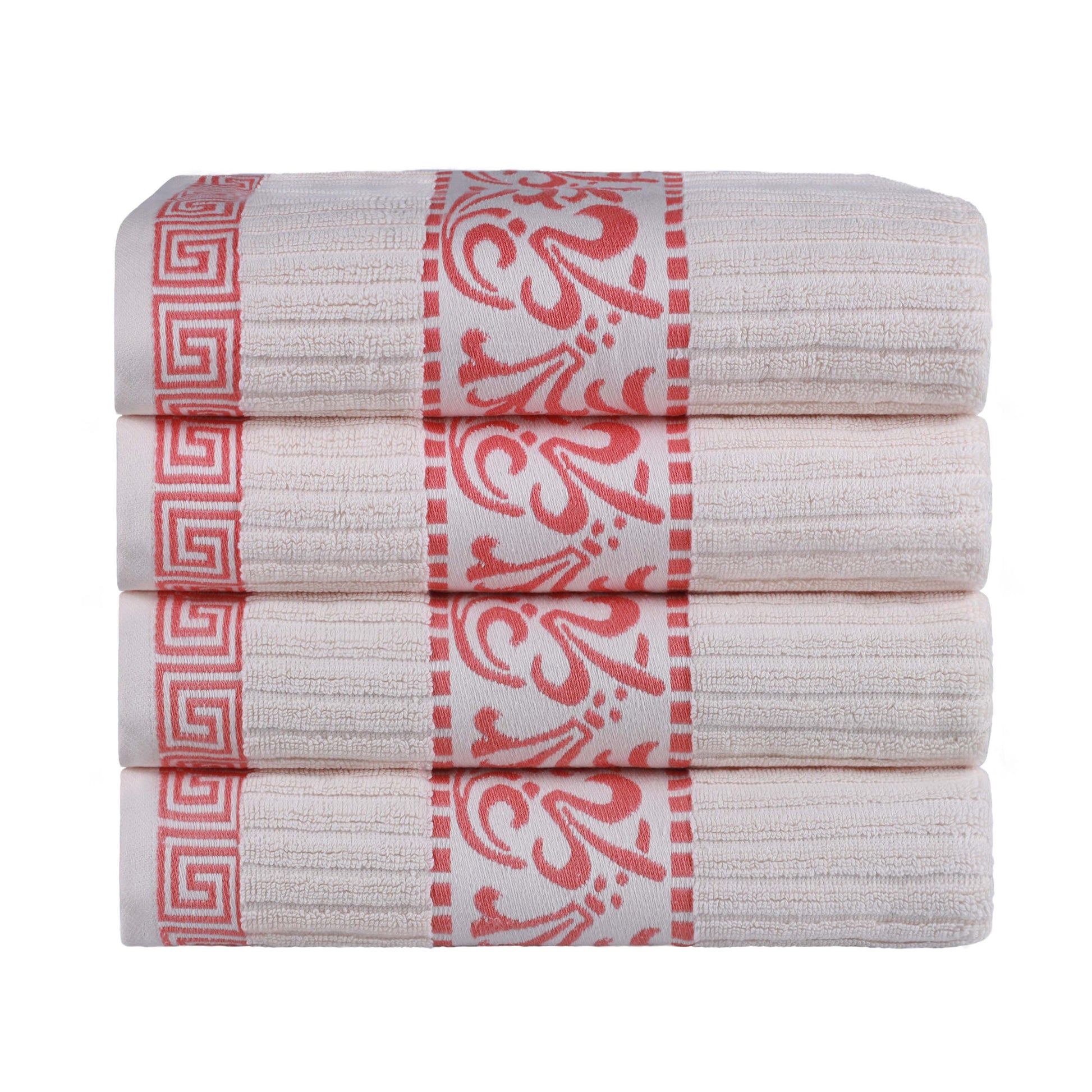 Athens Cotton Greek Key Trim Bath Towel Set of 4 - Ivory-Coral