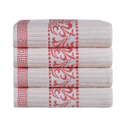 Athens Cotton Greek Key Trim Bath Towel Set of 4 - Ivory-Coral