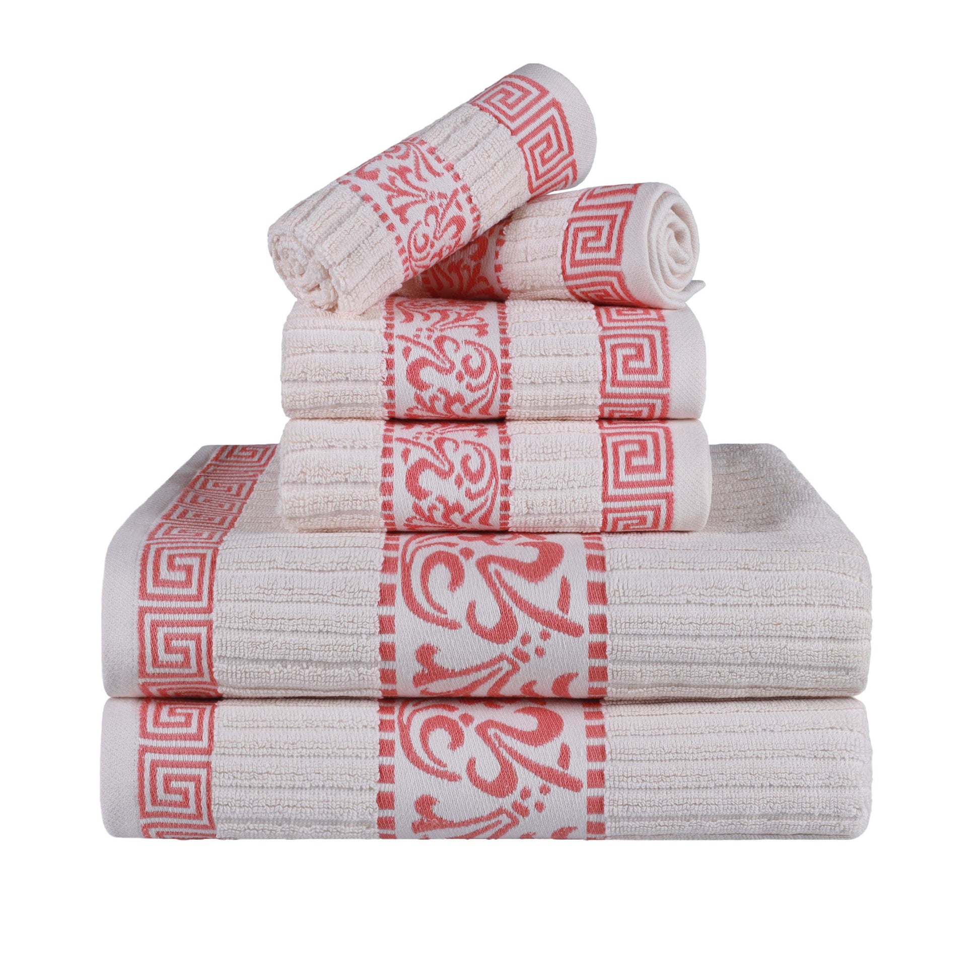 Athens Cotton Medium Weight Floral Greek Key Trim 6 Piece Towel Set - Ivory-Coral