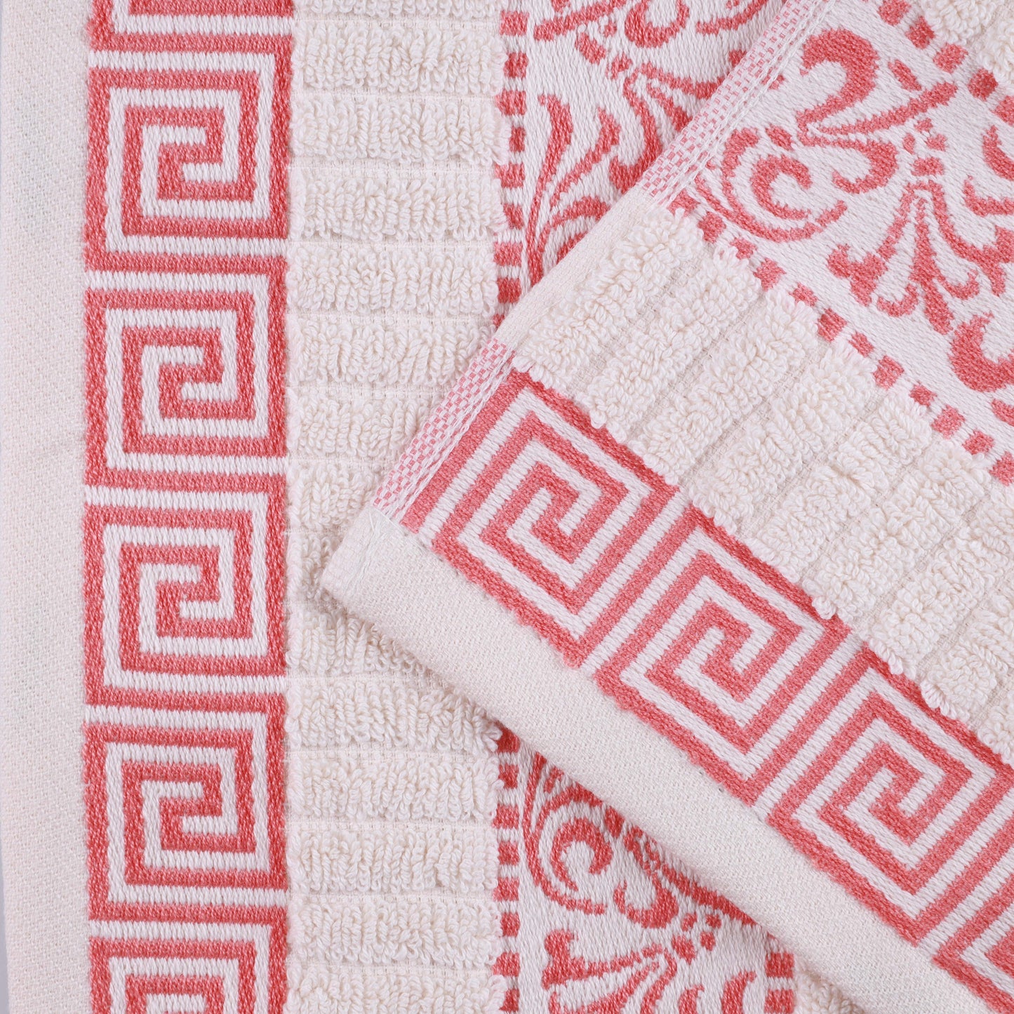 Athens Cotton Medium Weight Floral Greek Key Trim 3 Piece Towel Set - Ivory-Coral