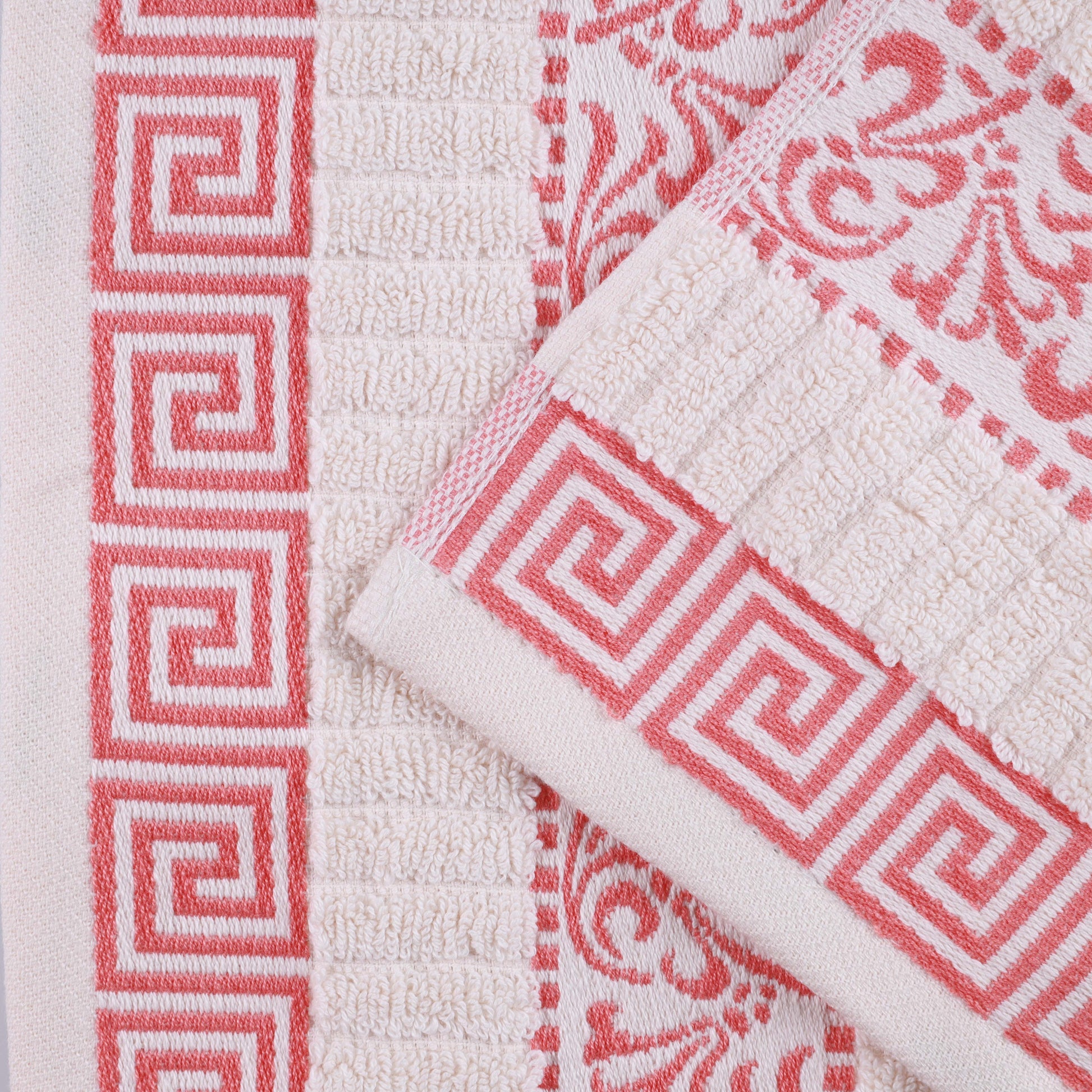Athens Cotton Medium Weight Floral Greek Key Trim 6 Piece Towel Set - Ivory-Coral