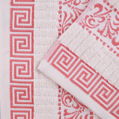 Athens Cotton Medium Weight Floral Greek Key Trim 6 Piece Towel Set - Ivory-Coral
