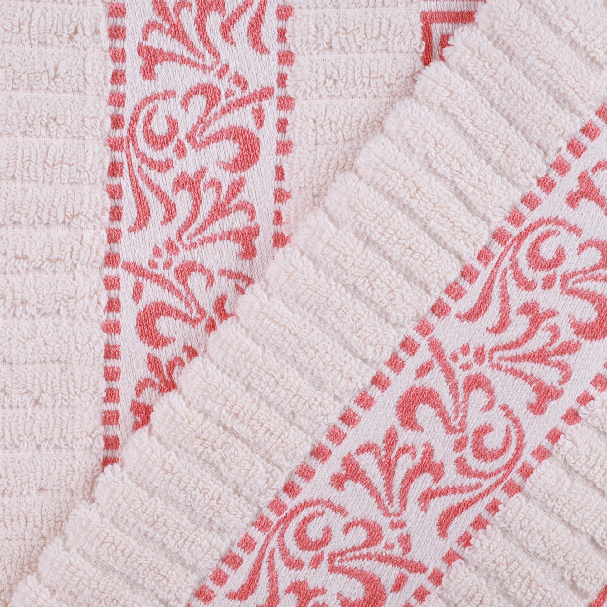 Athens Cotton Medium Weight Floral Greek Key Trim 3 Piece Towel Set - Ivory-Coral