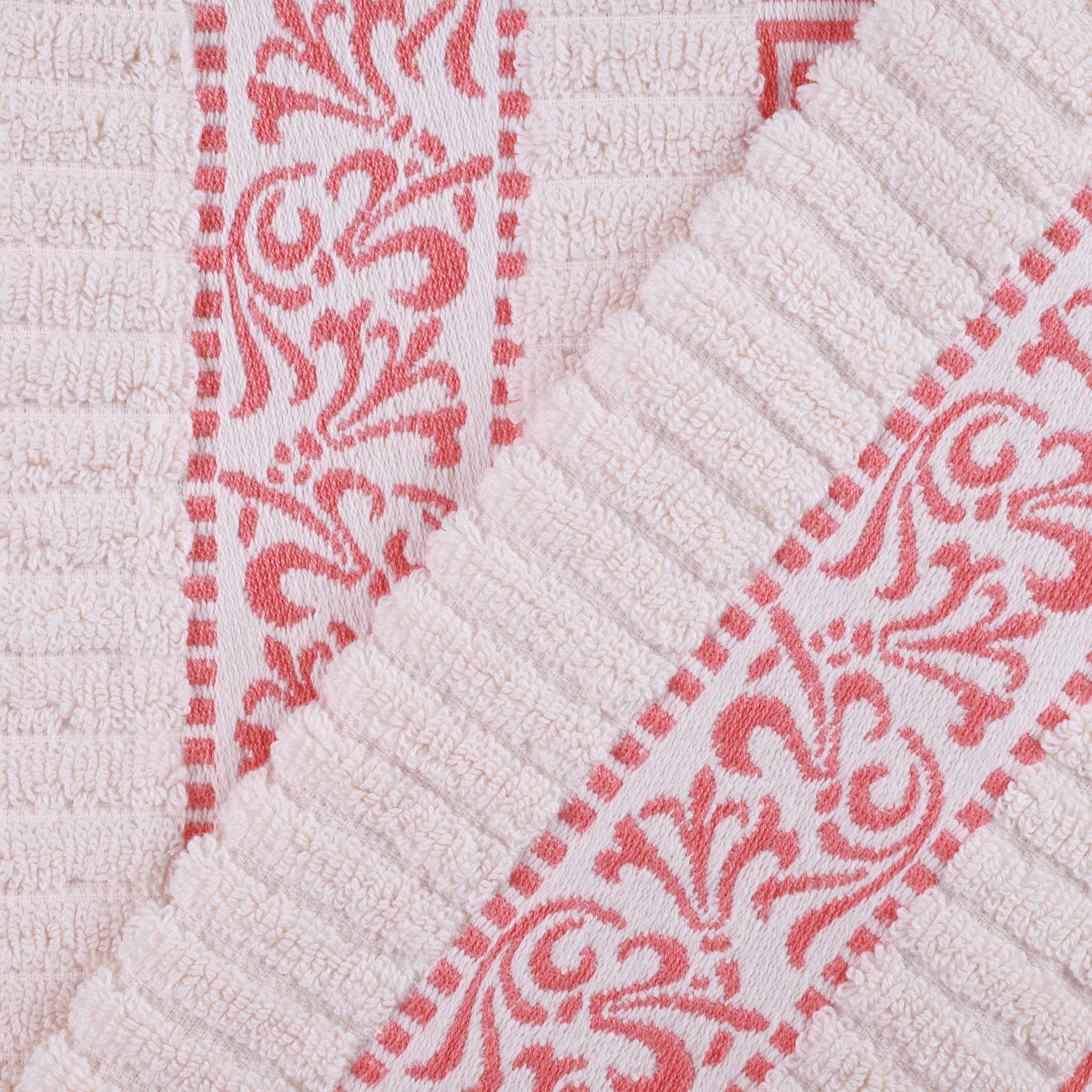 Athens Cotton Medium Weight Floral Greek Key Trim 6 Piece Towel Set - Ivory-Coral