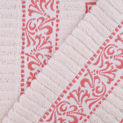 Athens Cotton Greek Key Trim Bath Towel Set of 4 - Ivory-Coral
