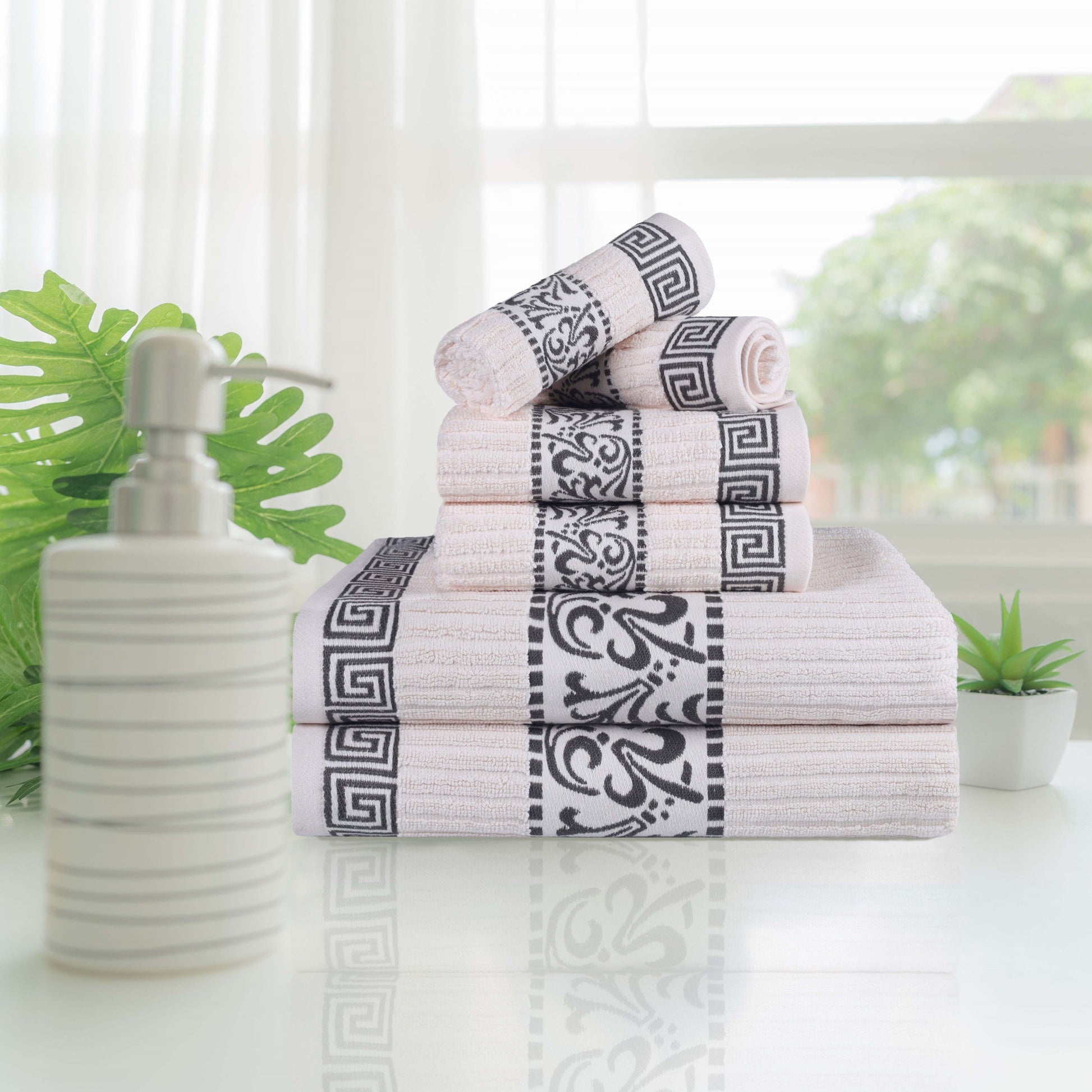 Athens Cotton Medium Weight Floral Greek Key Trim 6 Piece Towel Set - Ivory-Gray