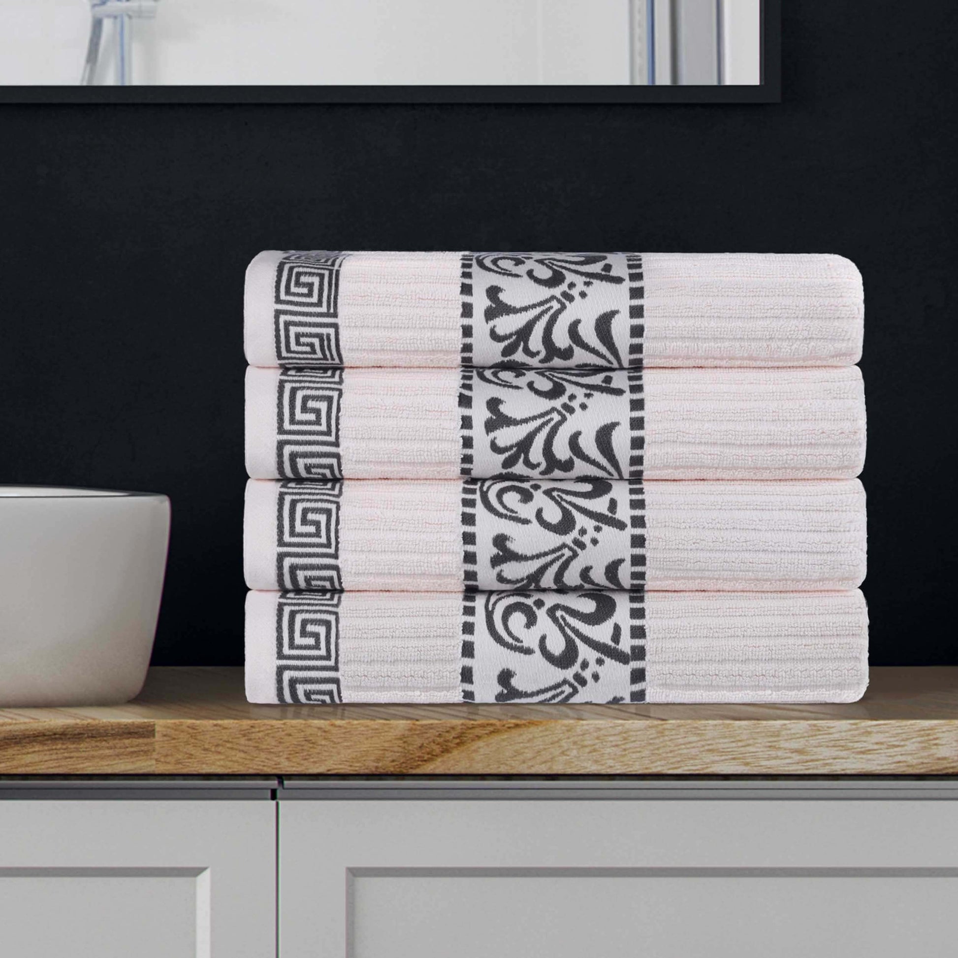 Athens Cotton Greek Key Trim Bath Towel Set of 4 - Ivory-Gray