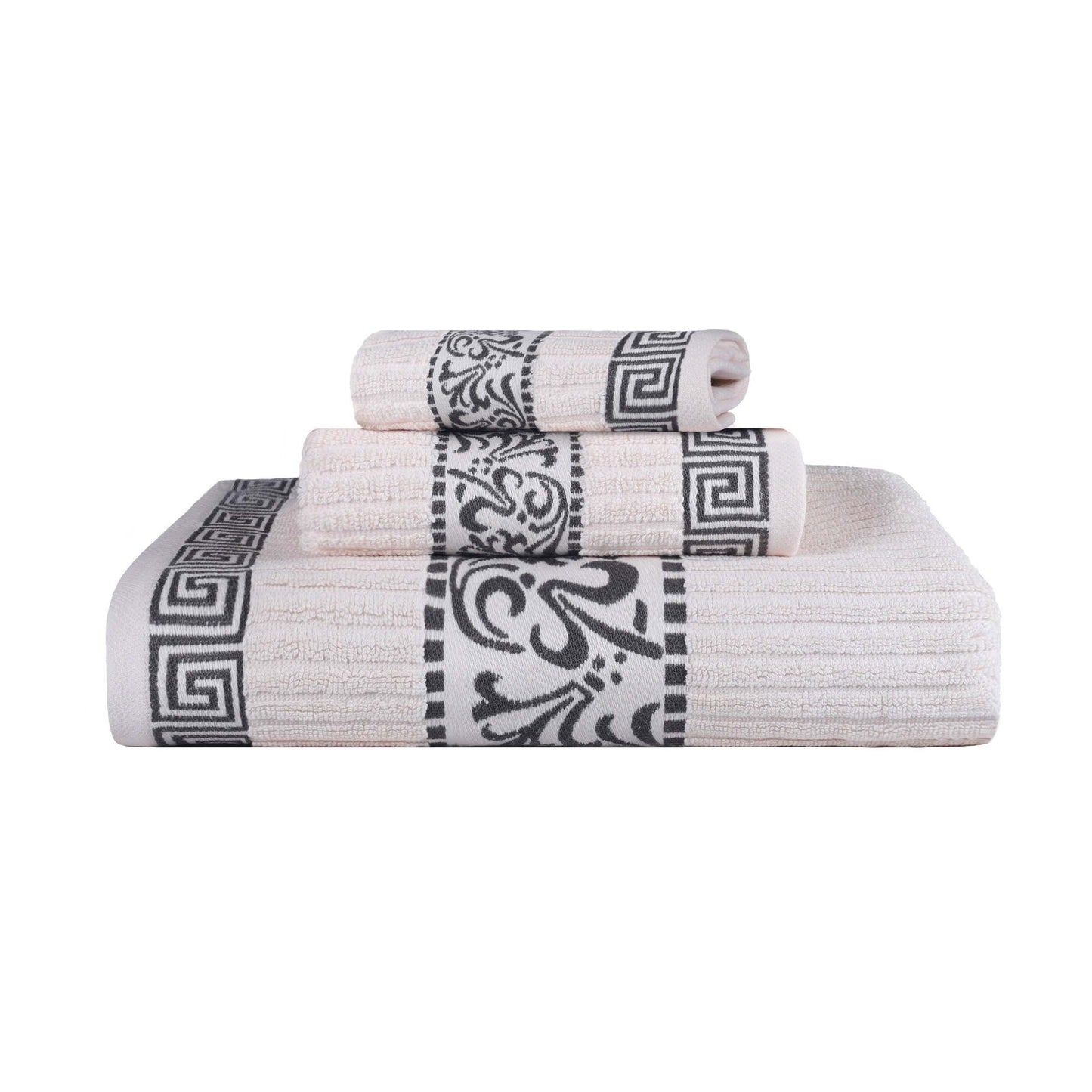 Athens Cotton Medium Weight Floral Greek Key Trim 3 Piece Towel Set - Ivory-Gray