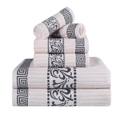 Athens Cotton Medium Weight Floral Greek Key Trim 6 Piece Towel Set - Ivory-Gray